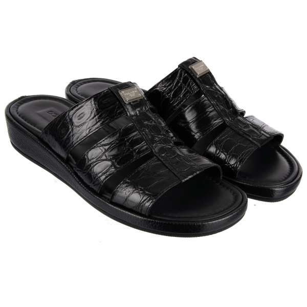 Crocodile (Caiman) and Calf Leather Sandals MEDITERRANEO with Metal Logo Plaque by DOLCE & GABBANA