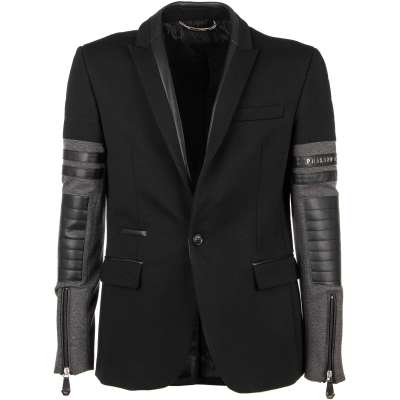 Jacke Blazer PLACE mit Jersey - und Lederdetails, Zips und Logo Schwarz Grau 50 M-L