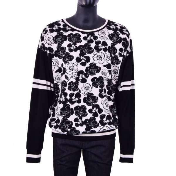 Virgin Wool Sweater / Sweatshirt with printed flowers in black and white by DOLCE & GABBANA Black Line