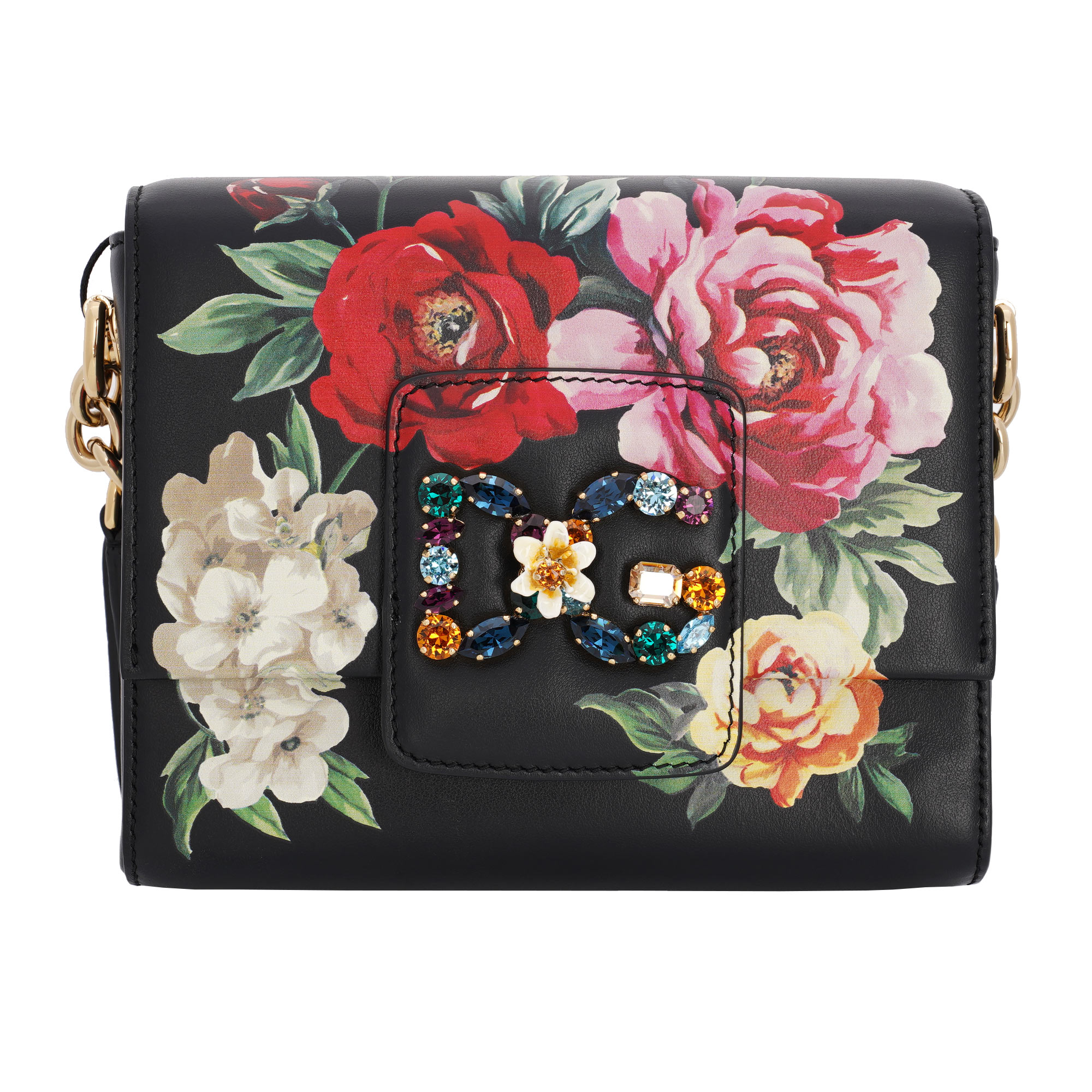 Dolce Gabbana Floral Leather Shoulder Bag DG MILLENNIALS with Crystals Logo Black FASHION ROOMS