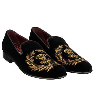 Napoleon Pearl Crown Bee Velvet Loafer Shoes MILANO Black Gold