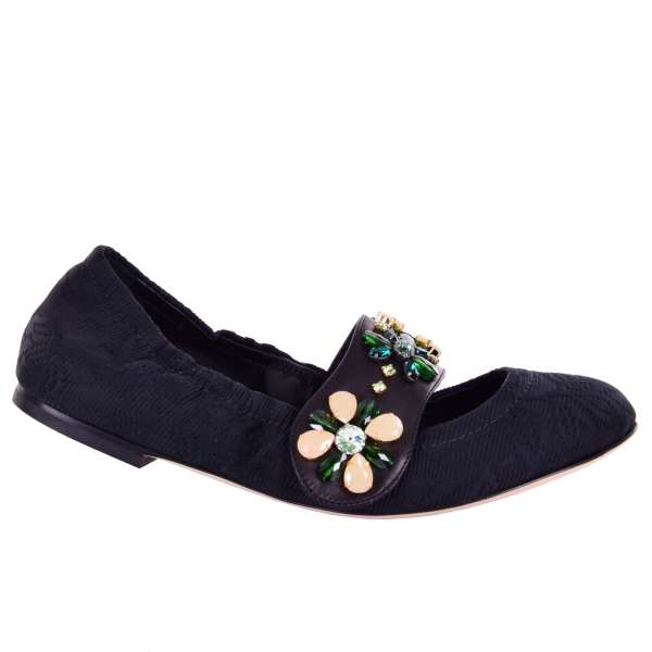 Elastische Brokat Ballerinas VALLY mit Riemen-Verschluss verschönert mit Kristallen von DOLCE & GABBANA Black Label