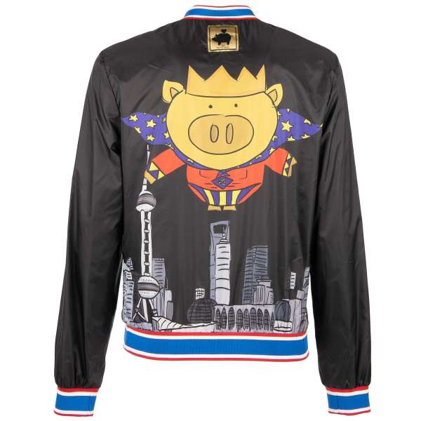 Bomberjacke mit Krone Super Schwein Print und DG Logo in schwarz von DOLCE & GABBANA