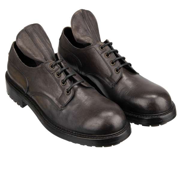Derby Shoes BERNINI made of leather with long DG logo embellished shoe tongue in gray by DOLCE & GABBANA