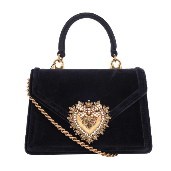 Crossbody Tasche / Henkeltasche DEVOTION Small aus Samt mit Schmuckherz Verschluss mit DG Logo und Kettenriemen von DOLCE & GABBANA