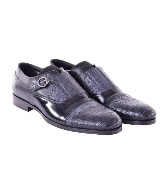 Derby Schuhe NAPOLI aus Kaiman- und Kalbsleder mit Schnalle in Schwarz und Blau von DOLCE & GABBANA