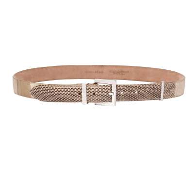 Metal Buckle Snake Leather Belt Beige Silver 85 34