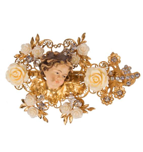 Filigrane Haarspange mit handbemahlten Engel, Rosen und Kristallen in Gold von DOLCE & GABBANA