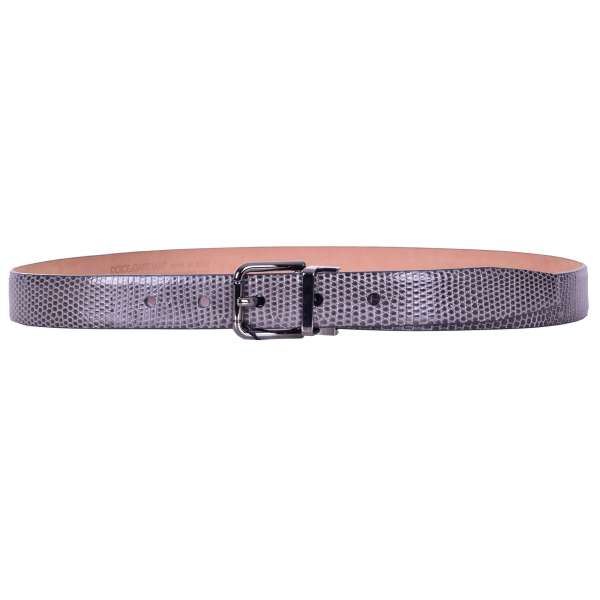 Lizard leather belt with detachable roller buckle in gray by DOLCE & GABBANA