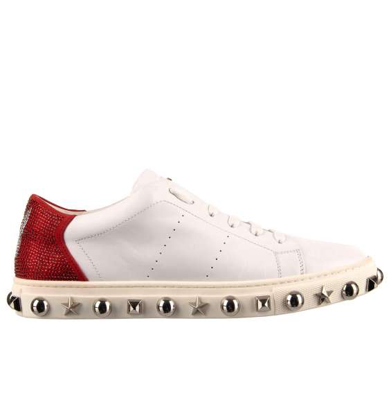 Low-Top Sneaker in white and red with crystals embellished Plein and Playboy logos, studded sole and tongue with Philipp Plein metal logo by PHILIPP PLEIN X PLAYBOY