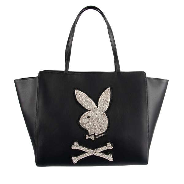 Tragetasche / Tote Bag aus Leder mit großem Plein Bunny Logo aus Strass und Logo Schild aus Metall von PHILIPP PLEIN x PLAYBOY