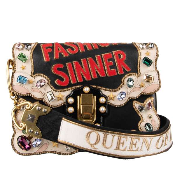 Jeweled shoulder bag LUCIA Fashion Sinner with multicolor crystals, studs, DG logo and embroidered "Queen of Love" shoulder strap by DOLCE & GABBANA