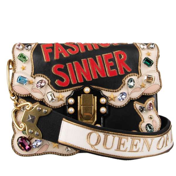 Beschmückte Schultertasche LUCIA Fashion Sinner mit mehrfarbigen Kristallen, Nieten, DG Logo, besticktem Schulterriemen "Queen of Love" von DOLCE & GABBANA