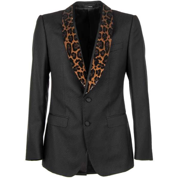 Virgin Wool Tuxedo / Blazer SICILIA with a sequined contrast leopard shawl lapel by DOLCE & GABBANA