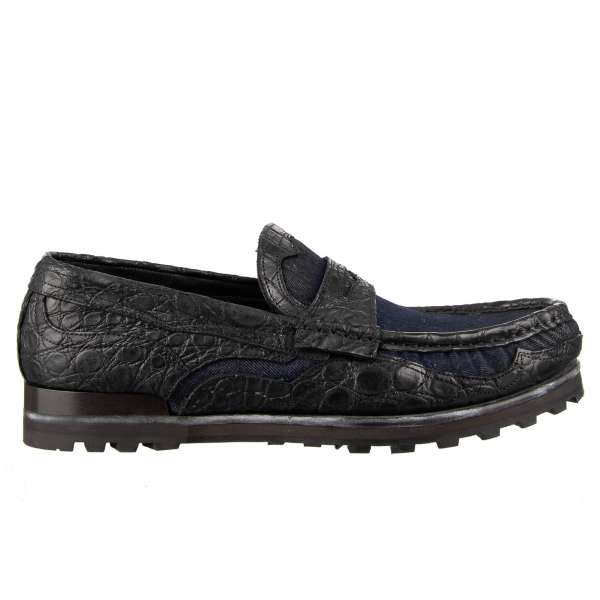 Exclusive Caiman Leather and Denim stable moccasins shoes GENOVA in black and blue by DOLCE & GABBANA