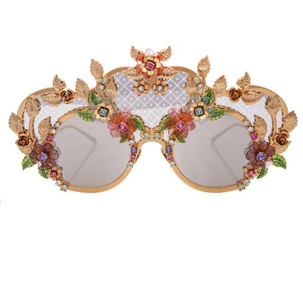 Special Edition Mirror Sunglasses with baroque elements, flowers, roses and crystals in pink and gold by DOLCE & GABBANA