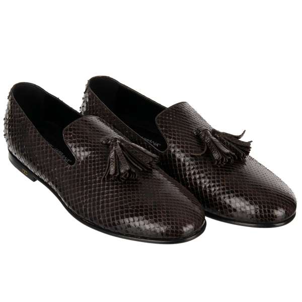 Snake skin loafer shoes YOUNG POPE with tassels in brown by DOLCE & GABBANA