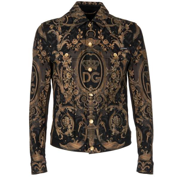 Sicilia heraldry, crown and DG Logo printed denim / jeans jacket with pockets and logo sticker by DOLCE & GABBANA