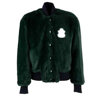 Faux Fur Oversize Bomber Jacket with Logo Patch Green Blue