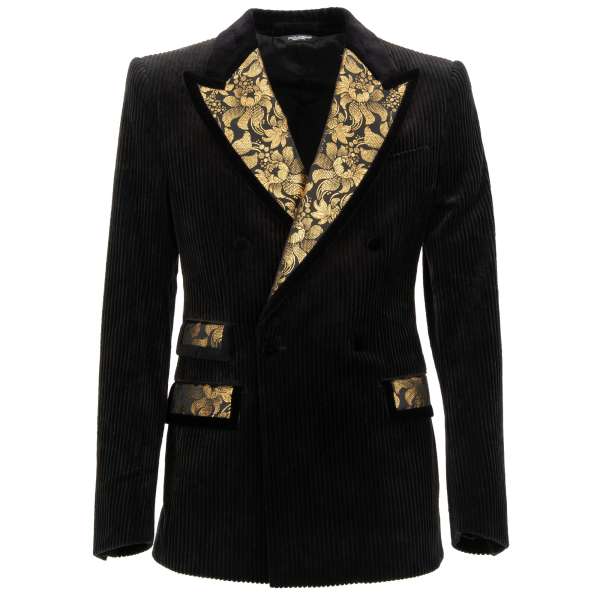 Double-Breasted floral pattern jacquard and corduloy blazer in gold and black by DOLCE & GABBANA