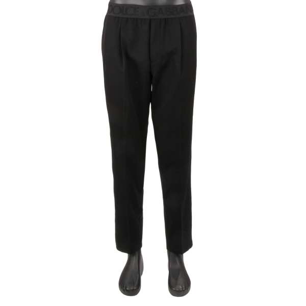 Virgin wool trousers with elastic DG Logo waistband and zip closure pockets by DOLCE & GABBANA