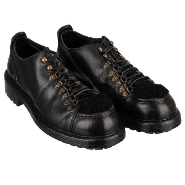 Trekking Stil Derby Shoes BERNINI made of horse leather and lamb fur in black by DOLCE & GABBANA