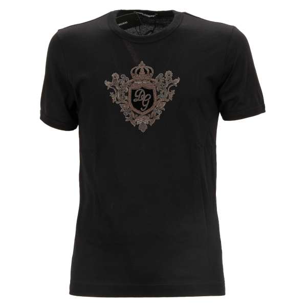 Cotton T-Shirt with Baroque Goldwork Embroidered Pearl Crown in black by DOLCE & GABBANA