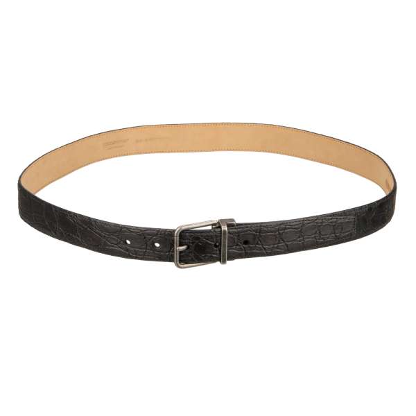 Classic Crocodile Leather belt with antique silver buckle in black by DOLCE & GABBANA