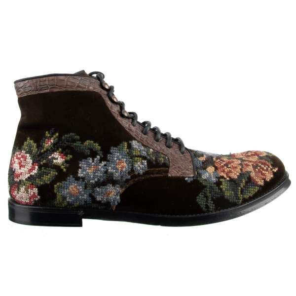 Ankle Boots SIRACUSA made of velvet and crocodile leather with floral embroidery by DOLCE & GABBANA