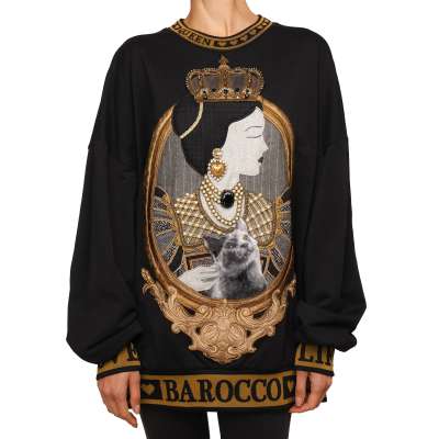Krone Queen Katze Perlen Oversize Pullover Schwarz IT 40 