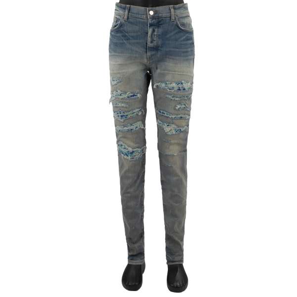 5-pockets Skinny Distressed Stretch Silk PJ Thrasher Jeans in Indigo Clay with Silk Inserts by AMIRI