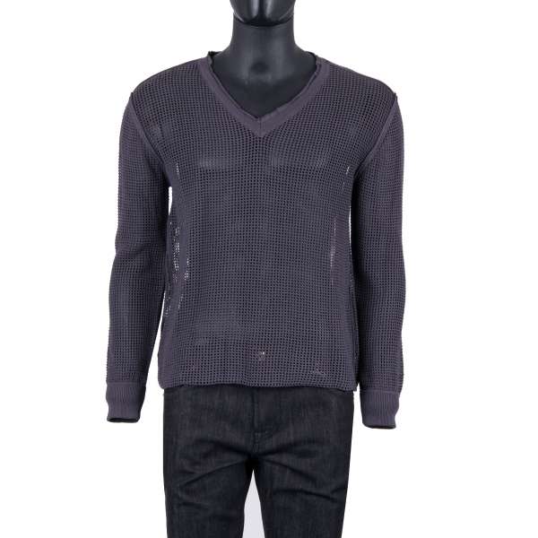 Knitted Net Structure Cotton V-Neck Sweater in gray by DOLCE & GABBANA Black Label