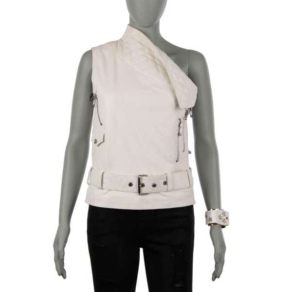 One shoulder leather Vest Jacket  REAL THING with belt in white by PHILIPP PLEIN COUTURE