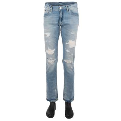 Distressed Straight Cut Jeans mit Logo Schild Blau