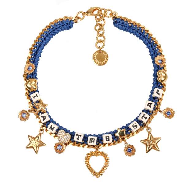 Chocker necklace with heart, crystal flowers and THE STAR pendants in blue, white and gold by DOLCE & GABBANA