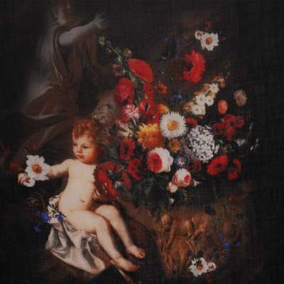 Baroque Angel Flower Printed Cashmere Silk Scarf Foulard Black