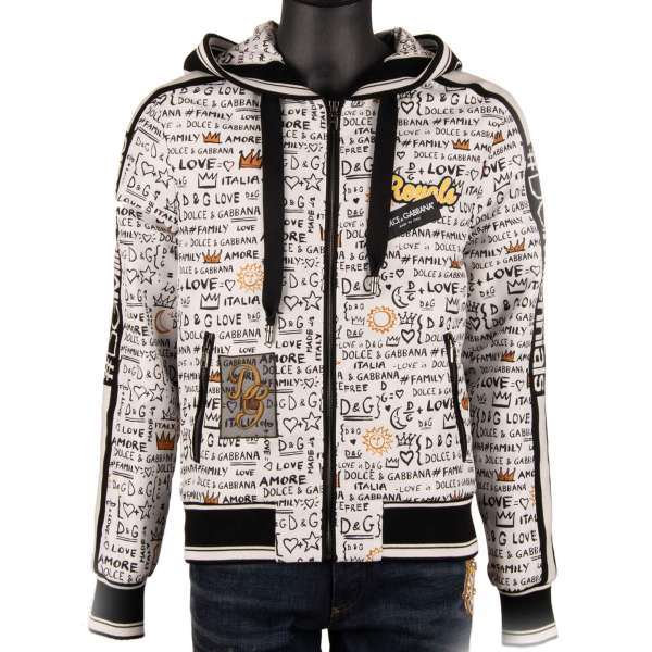 DG Millenials Bomberjacke mit Kaputze und Krone, Amore, Family Graffiti Print und DG Logo und Hashtag Stickerei von DOLCE & GABBANA