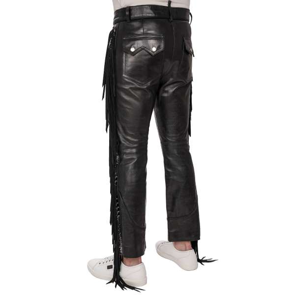 Western style straight cut leather pants with ring fringe and pockets in black by DSQUARED2