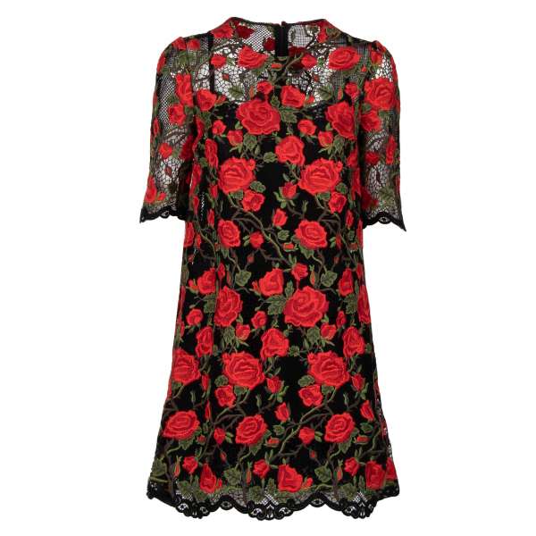 Short macrame lace embroidered dress with roses in black and red by DOLCE & GABBANA