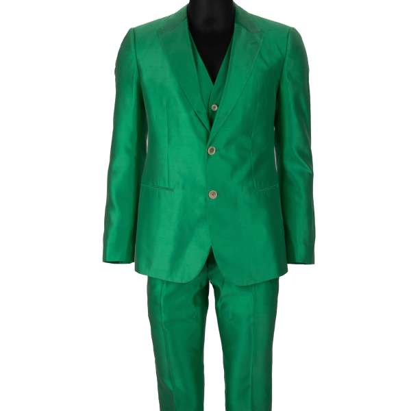 Wild Dupioni silk 3 piece suit with peak lapel in green by DOLCE & GABBANA 