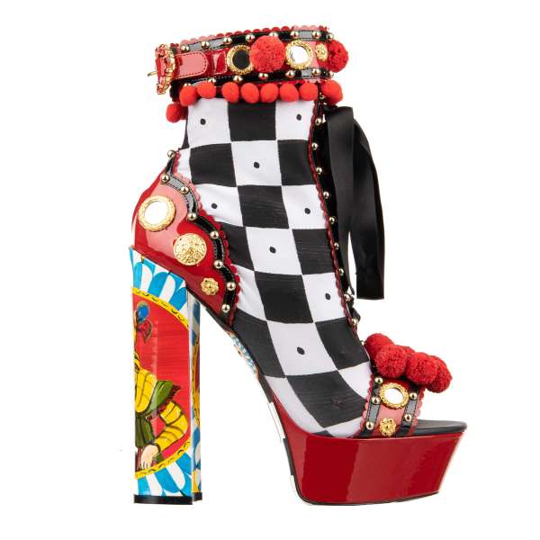 Leather and Fabric High Heel Plateau Sandals KEIRA with Carretto Print, studs, mirrors applications and crystals buckle in red, black and white by DOLCE & GABBANA