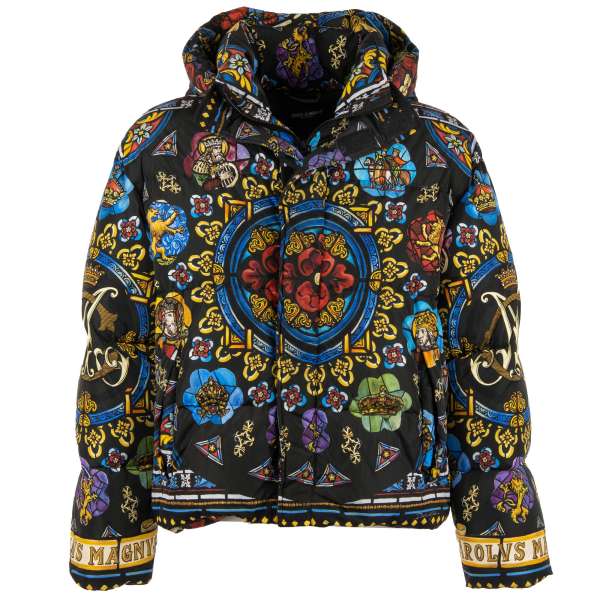 Wide fit Carolus Magnus design printed bomber down jacket with hoody by DOLCE & GABBANA