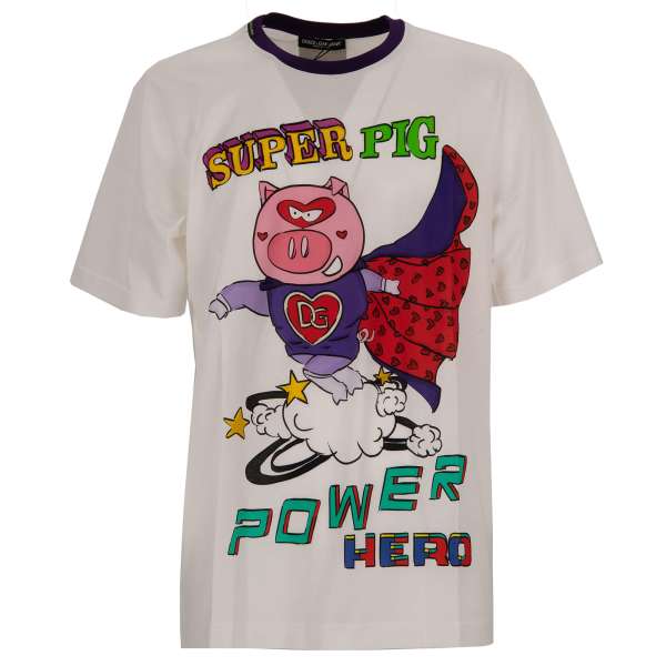  Baumwolle T-Shirt mit Super Pig Power Schwein Print und Logo Patch von DOLCE & GABBANA