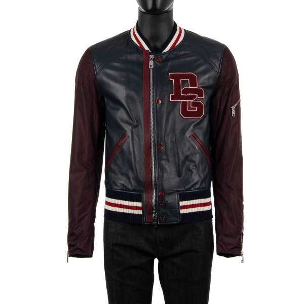 Collared varsity jacket made of nappa leather and nylon with embroidered DG Logo, zip and push buttons closure by DOLCE & GABBANA Black Line