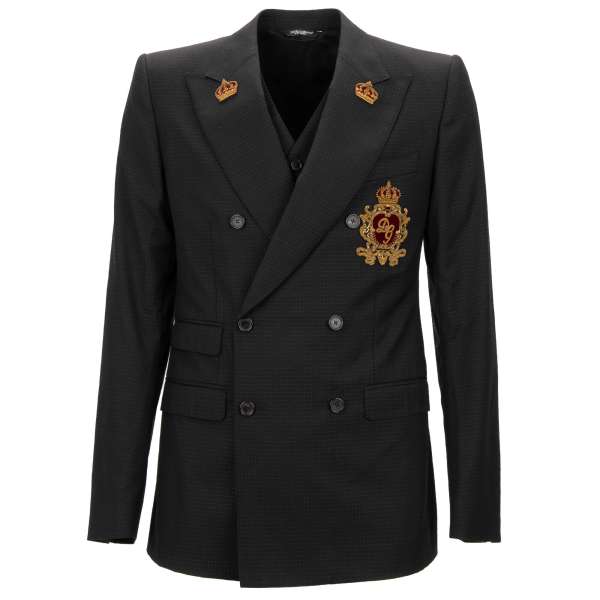 Exclusive double-breasted virgin wool Jacket / Blazer and Vest Ensemble with embroidered DG logo and crowns in black by DOLCE & GABBANA