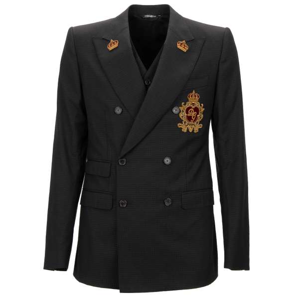 Exklusive zweireihige Schurwolle Blazer und Weste Ensemble mit besticktem DG Logo und Kronen in Schwarz von DOLCE & GABBANA