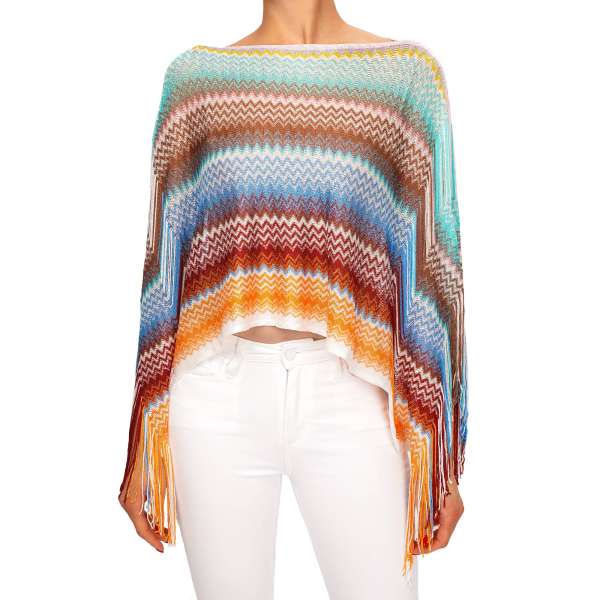 Large zigzag pattern woven Poncho Scarf / Foulard in white, orange, blue, red and green by MISSONI