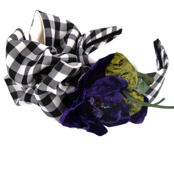 Checked Silk Hairband embelished with velvet flower and crystal brooch in red, purple, white and black by DOLCE & GABBANA