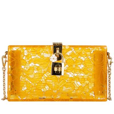 Plexiglass Clutch Bag DOLCE BOX Rainbow with Taormina Lace Mustard Orange