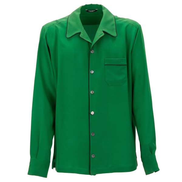 Silk shirt with black edge stitching and front pocket in green by DOLCE & GABBANA